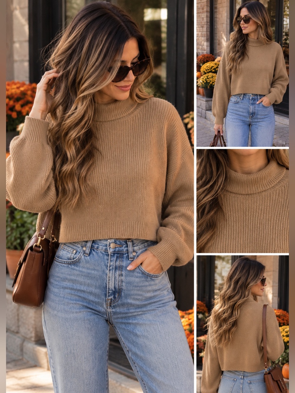 H&M Divided Camel Ribbed Cropped Turtleneck Sweater - Size M